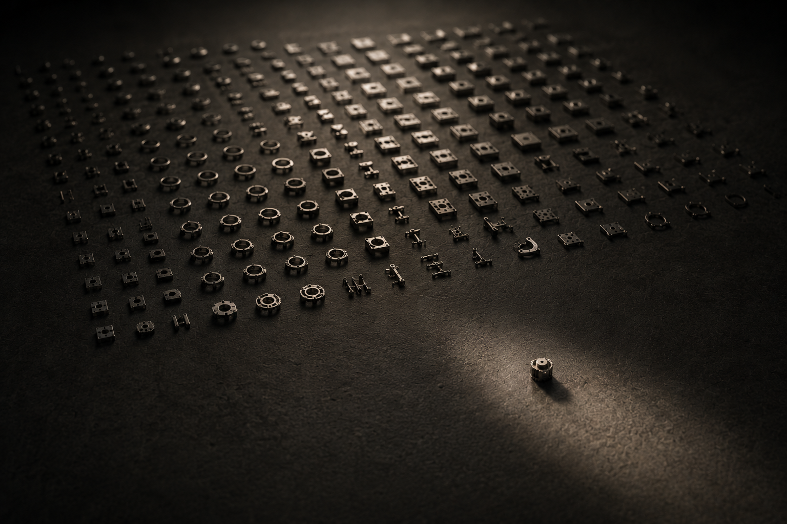 Piezas metálicas ordenadas sobre superficie oscura