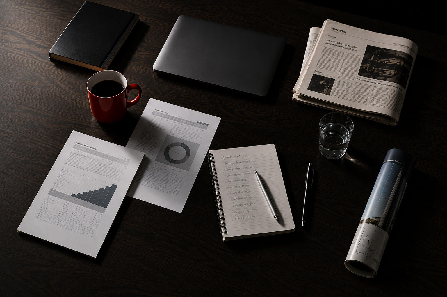 Escritorio de trabajo con laptop, notas, gráficos y prensa — investigación previa a una decisión de compra